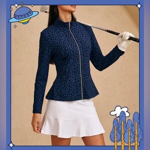 Acegolfs More Than Basic Ruffle Full-Zip Golf Jacket Blue Leopard Size L